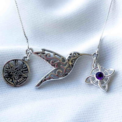 Colgante Tetragrámaton, Colibri y Nudo de Bruja con Amatista