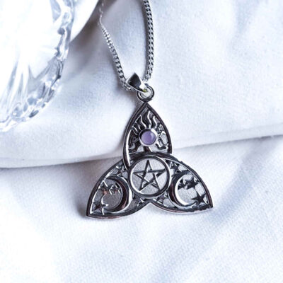 Colgante Triqueta con Pentagrama, Sol, Lunas y Cuarzo Rosa